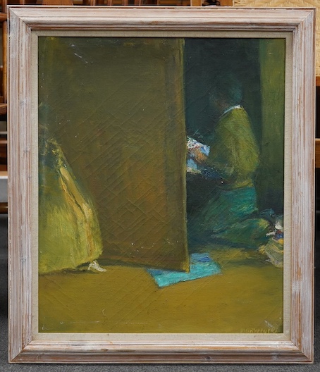 Morvelviri, oil on canvas, Interior with seated figure, Polish label verso, 54 x 45cm. Condition - fair